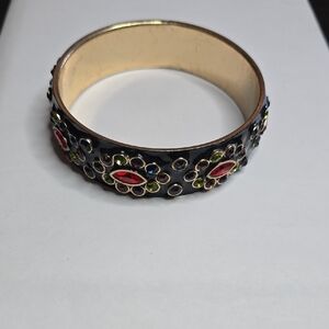 Elegant Black Enamel and Gold Bangle with Multicolor Rhinestones